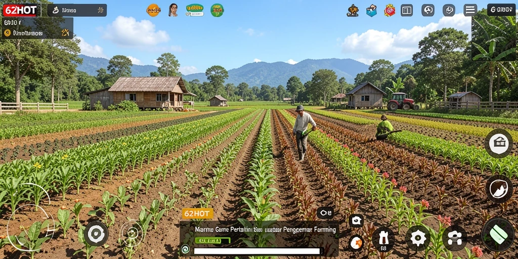 Screenshot gameplay 62HOT menampilkan kebun yang subur dan hewan ternak yang sehat.