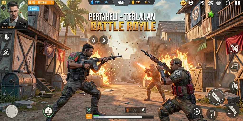 Tampilan seru gameplay <strong>66K</strong> dalam pertempuran Battle Royale.