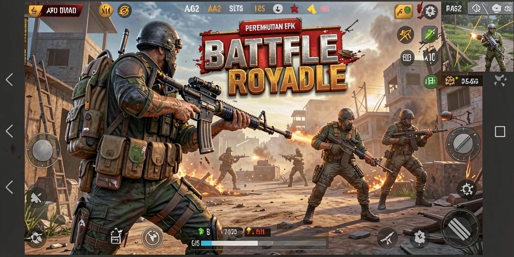 Tampilan gameplay dinamis dan mendebarkan dari Battle Royale AA62.