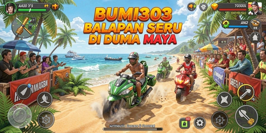Tampilan balapan seru dari game BUMI303 dengan kendaraan melaju kencang.