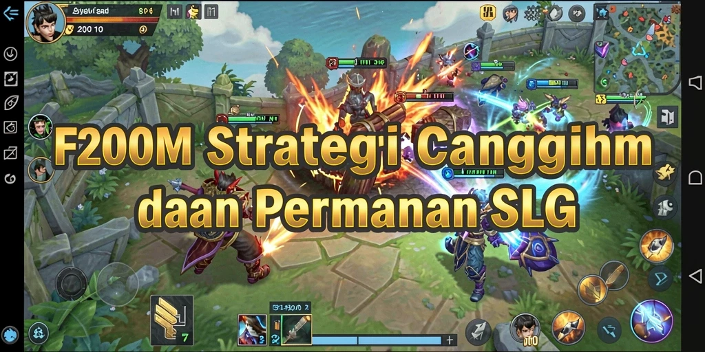 Screenshot gameplay F200M menampilkan aksi pertempuran dan pembangunan kerajaan yang seru.