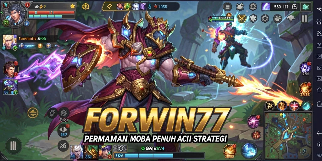 Tangkapan layar FORWIN77 menampilkan aksi seru dalam pertempuran MOBA.