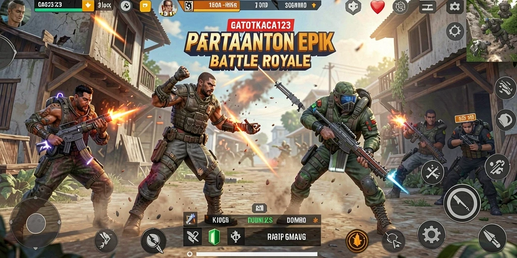 Screenshot intens dari GATOTKACA123 menampilkan aksi Battle Royale yang mendebarkan.