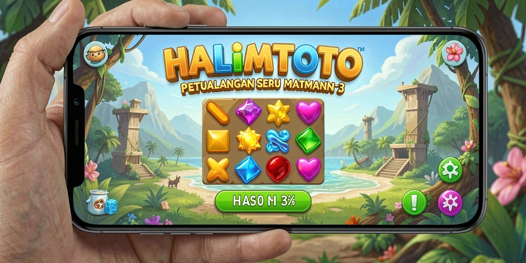 Tangkapan layar utama HALIMTOTO menunjukkan keseruan gameplay Match-3 yang penuh warna.