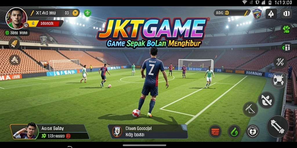 Screenshot gameplay JKTGAME yang menunjukkan aksi seru di lapangan sepak bola.
