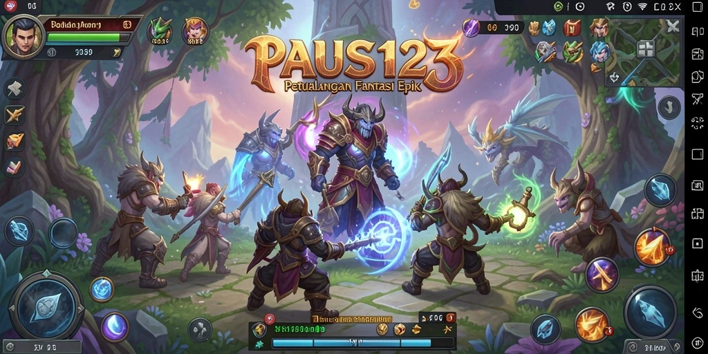 Screenshot utama PAUS123 menampilkan pertempuran epik dengan karakter khas RPG.