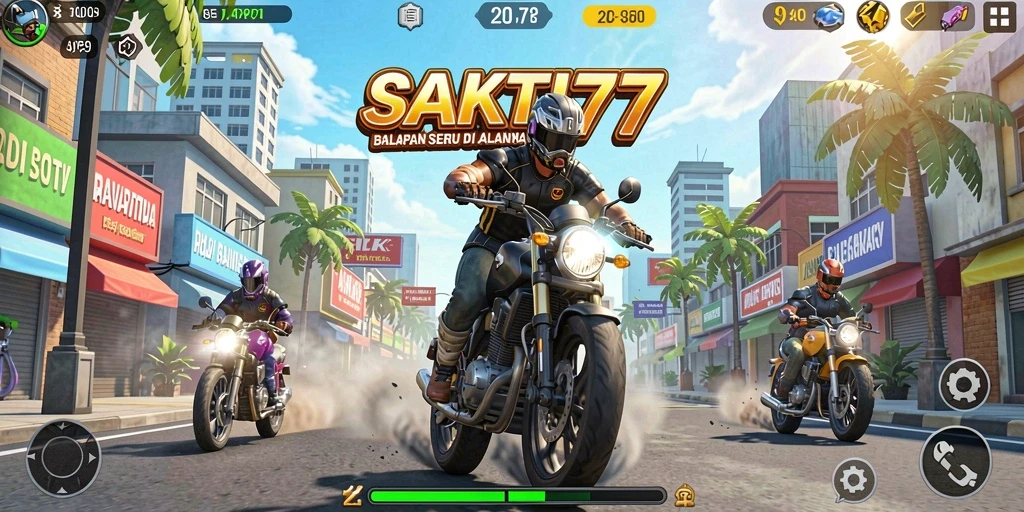 Gameplay seru SAKTI77 dengan mobil balap dan trek yang menantang.